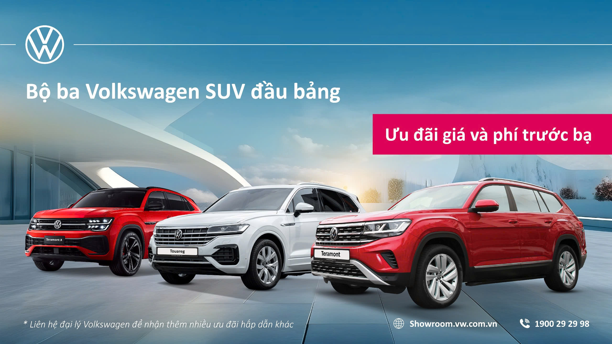 Bộ ba Volkswagen SUV Đầu Bảng Ưu Đãi Hấp Dẫn 2 Volkswagen Việt Nam mang đến ưu đãi ưu đãi về giá, phí trước bạ và nhiều ưu đãi hấp dẫn cho bộ ba SUV đầu bảng Teramont, Teramont X và Touareg. Đặc biệt Volkswagen Teramont có giá ưu đãi chỉ còn 1,998 tỷ đồng.